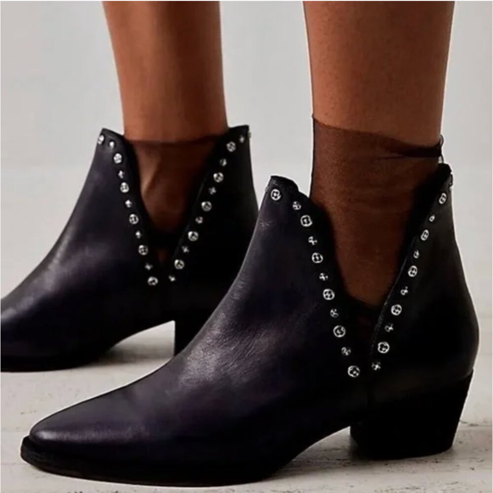 NWOT Free People Studded Charm Double V Black Leather Ankle Boots Sz 36.5